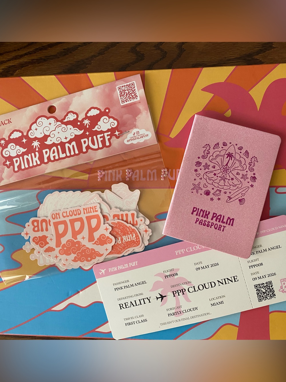Pink Palm Puff Passport and Sticker Pack